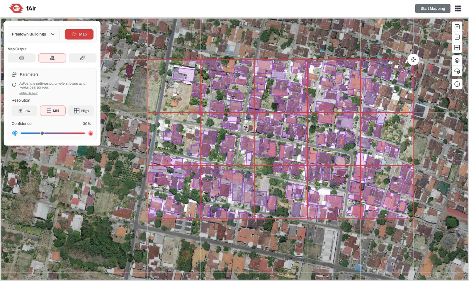 fAIr — AI-assisted humanitarian mapping tool interface